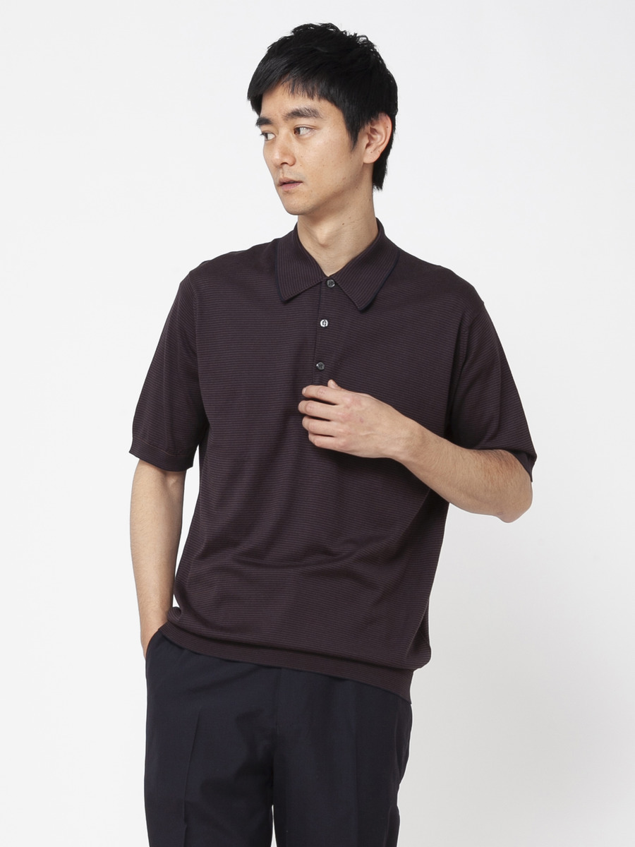 メンズ 30G 半袖 ニット ボーダー ポロシャツ【EASY FIT】｜メンズ 