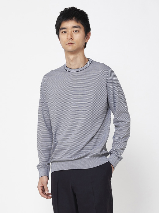 メンズ 30G 半袖 ニット ボーダー モックネックニット【EASY FIT】 詳細画像 NO1(HORTON) 1