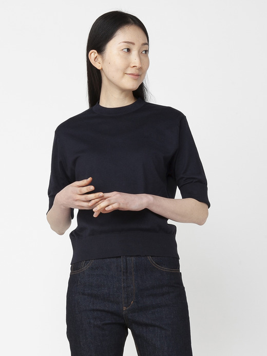 レディース 30G 半袖 ターンバック クルーネックニット 詳細画像 NAVY 1
