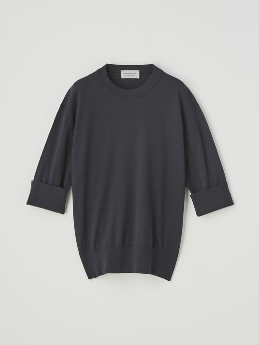 レディース 30G 半袖 ターンバック クルーネックニット 詳細画像 NAVY 2