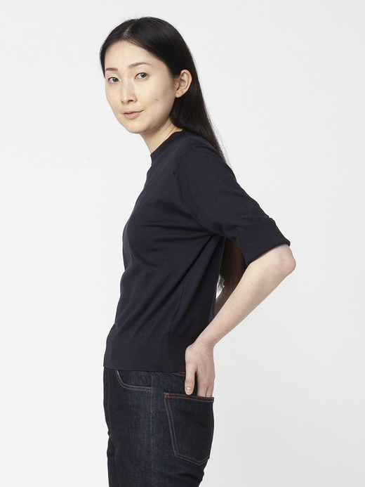 レディース 30G 半袖 ターンバック クルーネックニット 詳細画像 NAVY 3
