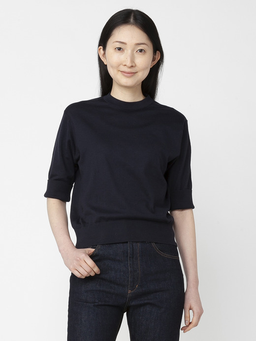 レディース 30G 半袖 ターンバック クルーネックニット 詳細画像 NAVY 5