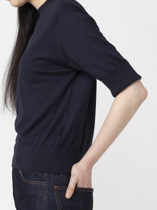 レディース 30G 半袖 ターンバック クルーネックニット 詳細画像 NAVY 7