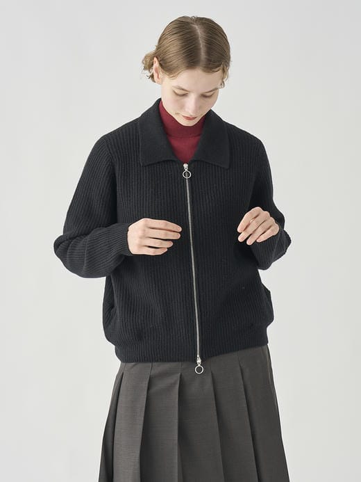 ［Eco Cashmere］カシミヤ混　襟付きジップアップリブニットジャケット | DISLEY | 7G 詳細画像 BLACK 1