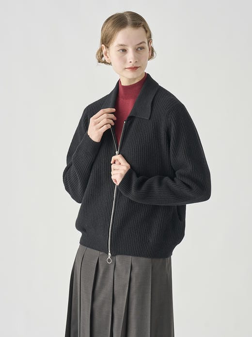 ［Eco Cashmere］カシミヤ混　襟付きジップアップリブニットジャケット | DISLEY | 7G 詳細画像 BLACK 2