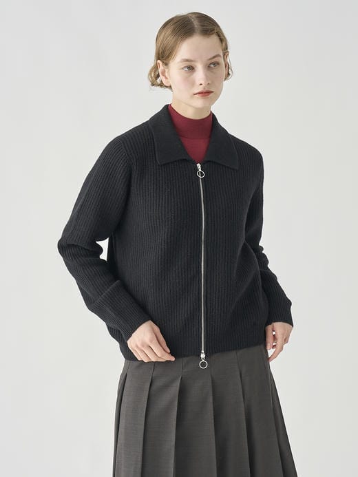 ［Eco Cashmere］カシミヤ混　襟付きジップアップリブニットジャケット | DISLEY | 7G 詳細画像 BLACK 4
