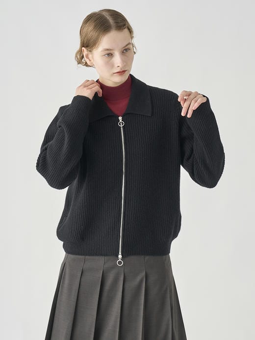 ［Eco Cashmere］カシミヤ混　襟付きジップアップリブニットジャケット | DISLEY | 7G 詳細画像 BLACK 7