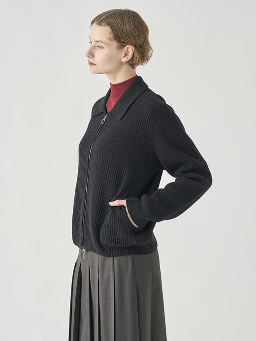 ［Eco Cashmere］カシミヤ混　襟付きジップアップリブニットジャケット | DISLEY | 7G 詳細画像 BLACK 8