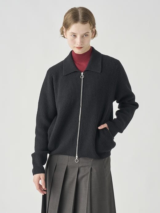 ［Eco Cashmere］カシミヤ混　襟付きジップアップリブニットジャケット | DISLEY | 7G 詳細画像 BLACK 9