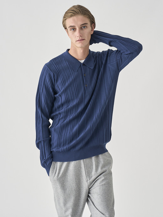 ランダムリブ長袖ニットポロシャツ | FLINN | 30G EASY FIT 詳細画像 HEMINGWAY BLUE 10