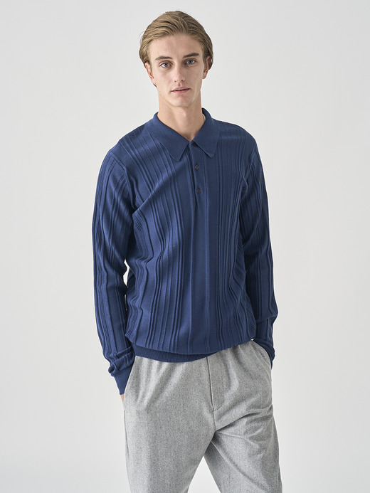 ランダムリブ長袖ニットポロシャツ | FLINN | 30G EASY FIT 詳細画像 HEMINGWAY BLUE 3