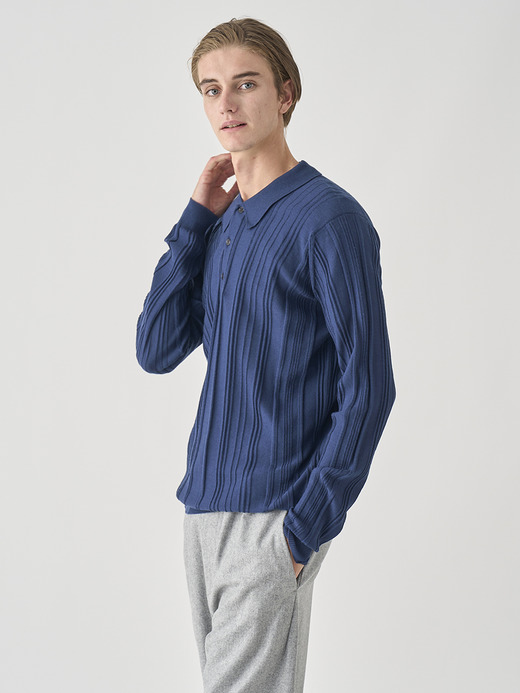 ランダムリブ長袖ニットポロシャツ | FLINN | 30G EASY FIT 詳細画像 HEMINGWAY BLUE 7