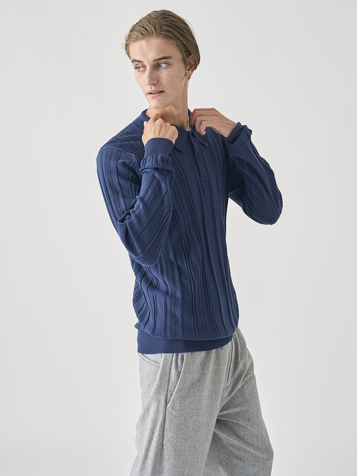 ランダムリブ長袖ニットポロシャツ | FLINN | 30G EASY FIT 詳細画像 HEMINGWAY BLUE 8