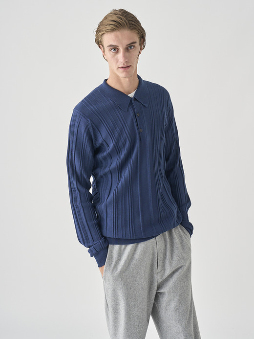 ランダムリブ長袖ニットポロシャツ | FLINN | 30G EASY FIT 詳細画像 HEMINGWAY BLUE 9
