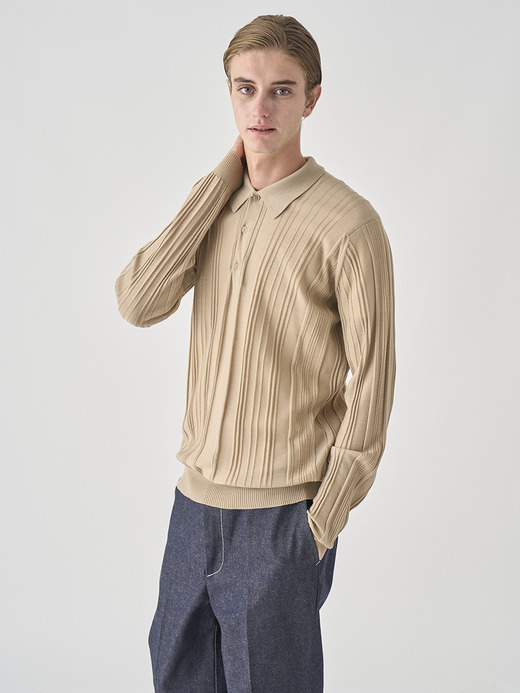 ランダムリブ長袖ニットポロシャツ | FLINN | 30G EASY FIT 詳細画像 KAFKA BEIGE 1