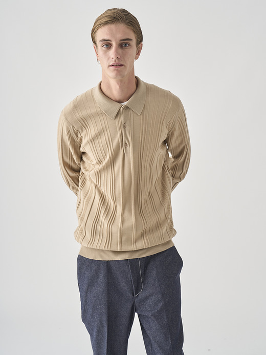 ランダムリブ長袖ニットポロシャツ | FLINN | 30G EASY FIT 詳細画像 KAFKA BEIGE 10