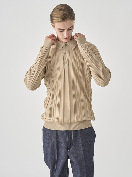 ランダムリブ長袖ニットポロシャツ | FLINN | 30G EASY FIT 詳細画像 KAFKA BEIGE 3