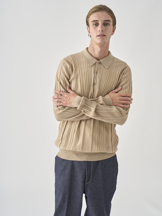 ランダムリブ長袖ニットポロシャツ | FLINN | 30G EASY FIT 詳細画像 KAFKA BEIGE 8
