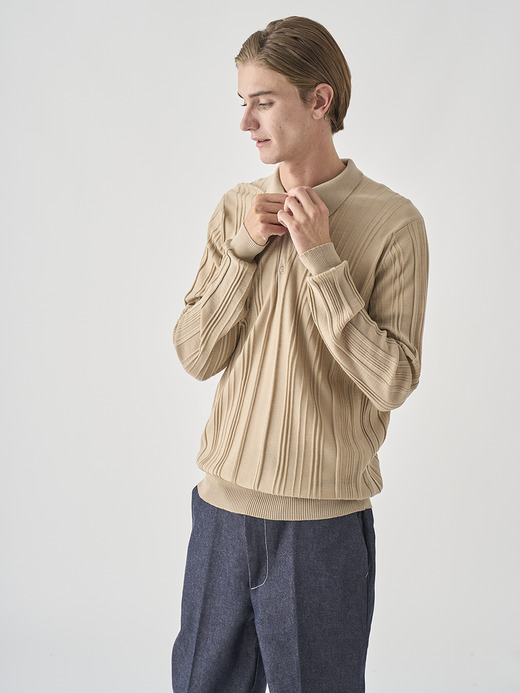ランダムリブ長袖ニットポロシャツ | FLINN | 30G EASY FIT 詳細画像 KAFKA BEIGE 9