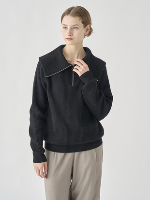 ［Eco Cashmere］カシミヤ混 ハーフジップ ビッグカラー長袖ニットプルオーバー | NEWRY | 7G