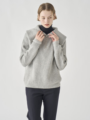 ［Eco Cashmere］カシミヤ混 ハーフジップ ビッグカラー長袖ニットプルオーバー | NEWRY | 7G