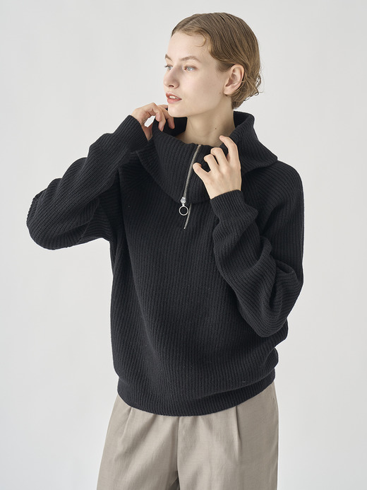 ［Eco Cashmere］カシミヤ混 ハーフジップ ビッグカラー長袖ニットプルオーバー | NEWRY | 7G 詳細画像 BLACK 10