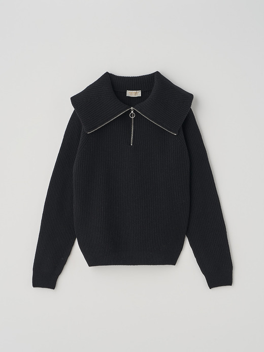 ［Eco Cashmere］カシミヤ混 ハーフジップ ビッグカラー長袖ニットプルオーバー | NEWRY | 7G 詳細画像 BLACK 2