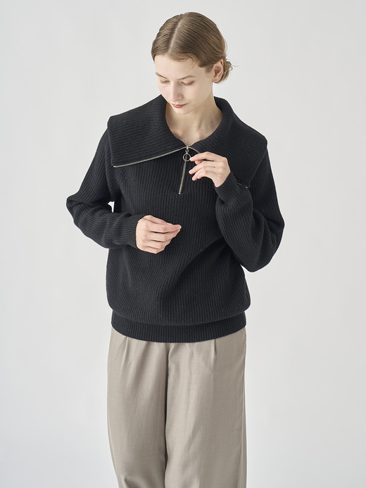 ［Eco Cashmere］カシミヤ混 ハーフジップ ビッグカラー長袖ニットプルオーバー | NEWRY | 7G 詳細画像 BLACK 3