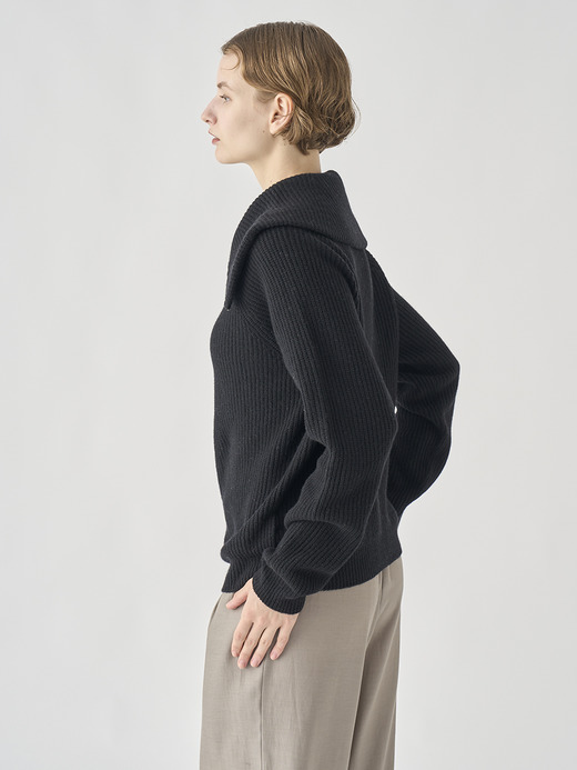 ［Eco Cashmere］カシミヤ混 ハーフジップ ビッグカラー長袖ニットプルオーバー | NEWRY | 7G 詳細画像 BLACK 4