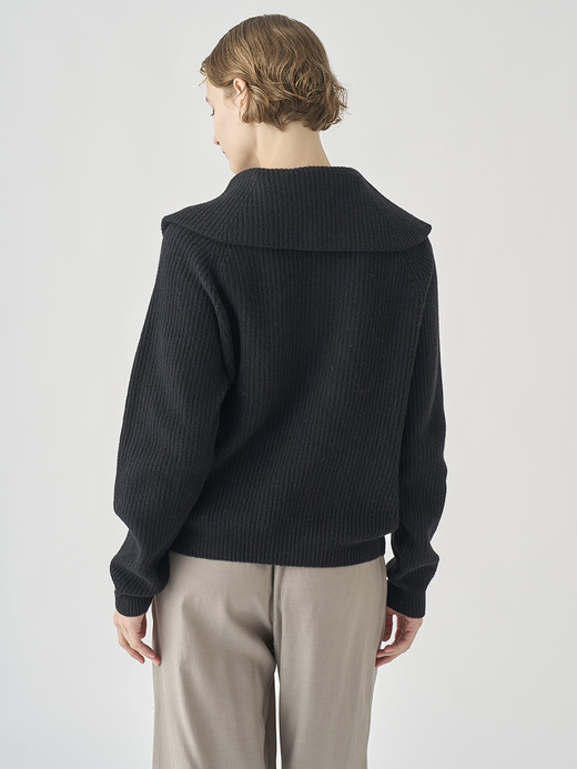 ［Eco Cashmere］カシミヤ混 ハーフジップ ビッグカラー長袖ニットプルオーバー | NEWRY | 7G 詳細画像 BLACK 5
