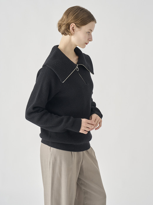 ［Eco Cashmere］カシミヤ混 ハーフジップ ビッグカラー長袖ニットプルオーバー | NEWRY | 7G 詳細画像 BLACK 6
