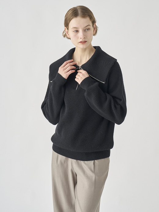 ［Eco Cashmere］カシミヤ混 ハーフジップ ビッグカラー長袖ニットプルオーバー | NEWRY | 7G 詳細画像 BLACK 7