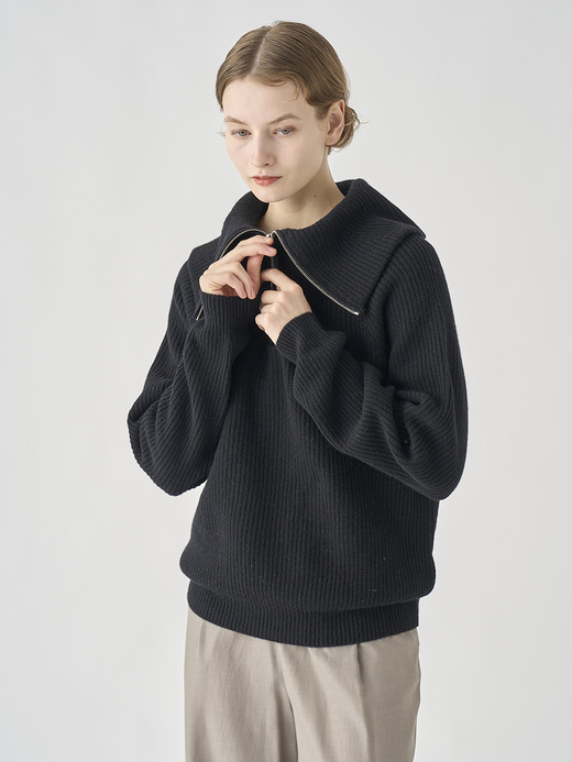 ［Eco Cashmere］カシミヤ混 ハーフジップ ビッグカラー長袖ニットプルオーバー | NEWRY | 7G 詳細画像 BLACK 8