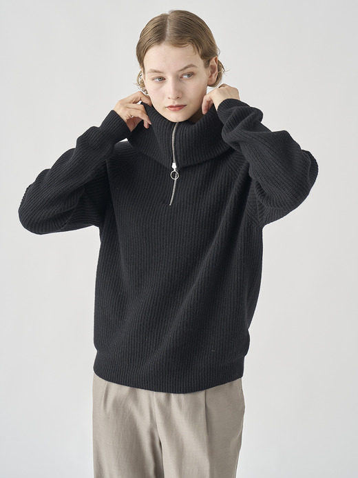 ［Eco Cashmere］カシミヤ混 ハーフジップ ビッグカラー長袖ニットプルオーバー | NEWRY | 7G 詳細画像 BLACK 9