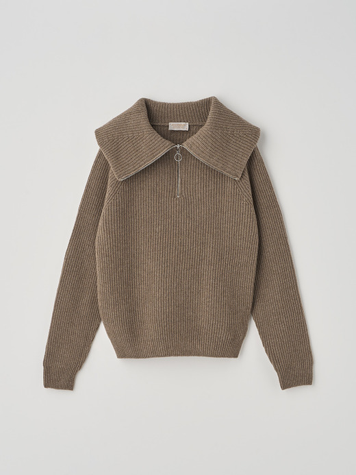 ［Eco Cashmere］カシミヤ混 ハーフジップ ビッグカラー長袖ニットプルオーバー | NEWRY | 7G 詳細画像 MUSHROOM 1