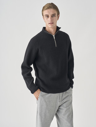 ［Eco Cashmere］カシミヤ混 ハーフジップスタンドネック長袖ニットプルオーバー | RYKER | 7G