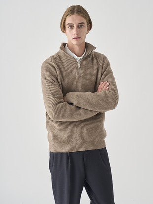 ［Eco Cashmere］カシミヤ混 ハーフジップスタンドネック長袖ニットプルオーバー | RYKER | 7G