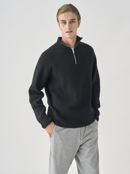 ［Eco Cashmere］カシミヤ混 ハーフジップスタンドネック長袖ニットプルオーバー | RYKER | 7G 詳細画像 BLACK 1