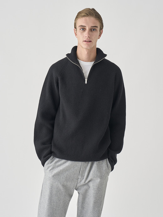 ［Eco Cashmere］カシミヤ混 ハーフジップスタンドネック長袖ニットプルオーバー | RYKER | 7G 詳細画像 BLACK 3