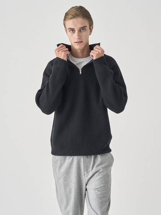 ［Eco Cashmere］カシミヤ混 ハーフジップスタンドネック長袖ニットプルオーバー | RYKER | 7G 詳細画像 BLACK 5