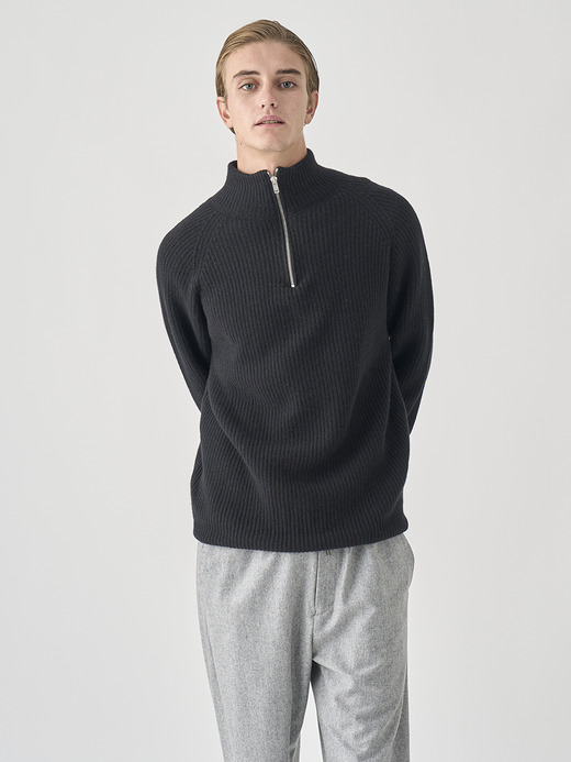 ［Eco Cashmere］カシミヤ混 ハーフジップスタンドネック長袖ニットプルオーバー | RYKER | 7G 詳細画像 BLACK 6