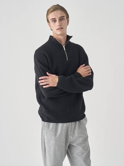［Eco Cashmere］カシミヤ混 ハーフジップスタンドネック長袖ニットプルオーバー | RYKER | 7G 詳細画像 BLACK 7