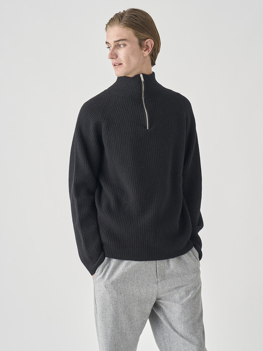 ［Eco Cashmere］カシミヤ混 ハーフジップスタンドネック長袖ニットプルオーバー | RYKER | 7G 詳細画像 BLACK 8