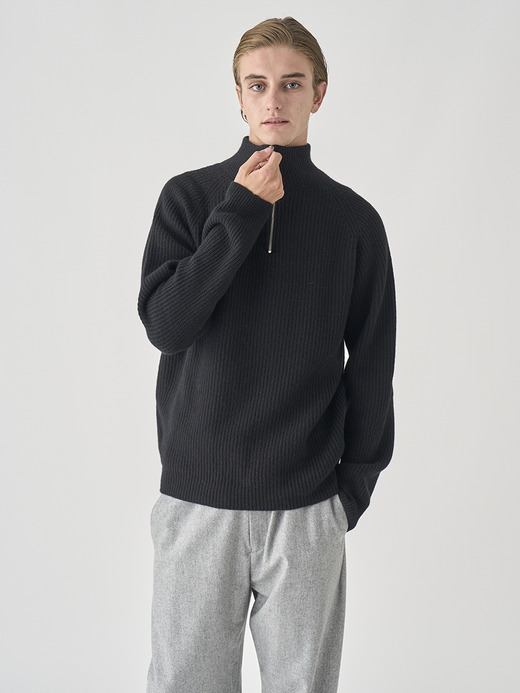 ［Eco Cashmere］カシミヤ混 ハーフジップスタンドネック長袖ニットプルオーバー | RYKER | 7G 詳細画像 BLACK 9