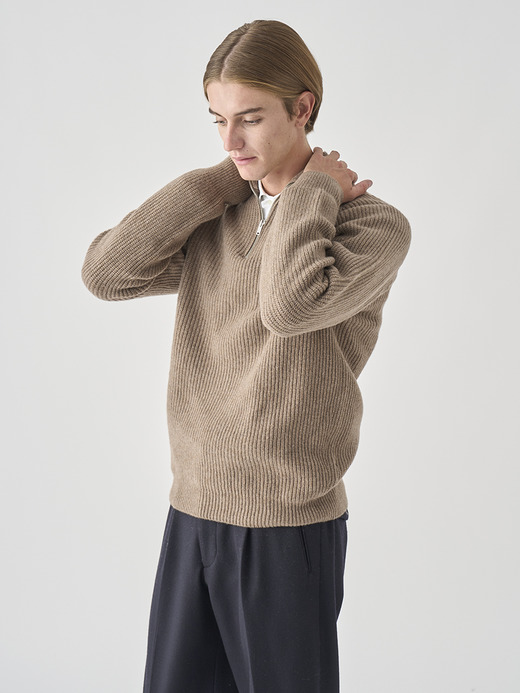 ［Eco Cashmere］カシミヤ混 ハーフジップスタンドネック長袖ニットプルオーバー | RYKER | 7G 詳細画像 MUSHROOM 3