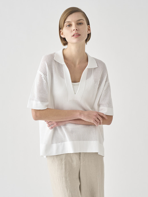 オーバーサイズメッシュ編みコットンニットポロシャツ | ZARAH | 24G 詳細画像 WHITE 1