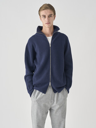 ［Eco Cashmere］カシミヤ混 フルジップスタンドネック長袖ドライバーズニットジャケット | MALLAM | EASY FIT 7G