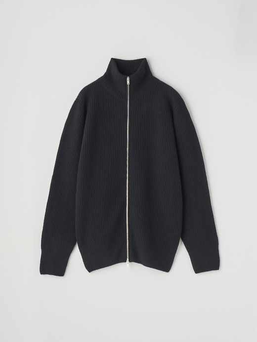 ［Eco Cashmere］カシミヤ混 フルジップスタンドネック長袖ドライバーズニットジャケット | MALLAM | EASY FIT 7G 詳細画像 BLACK 1