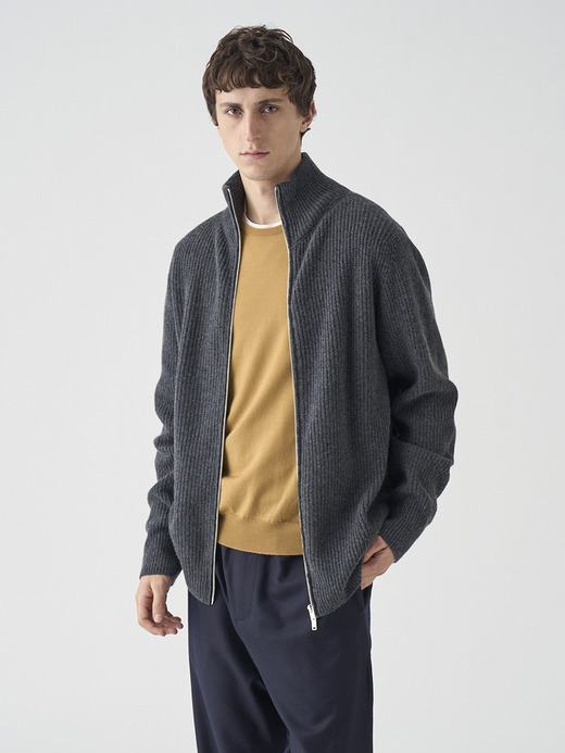 ［Eco Cashmere］カシミヤ混 フルジップスタンドネック長袖ドライバーズニットジャケット | MALLAM | EASY FIT 7G 詳細画像 DARK ASH 3