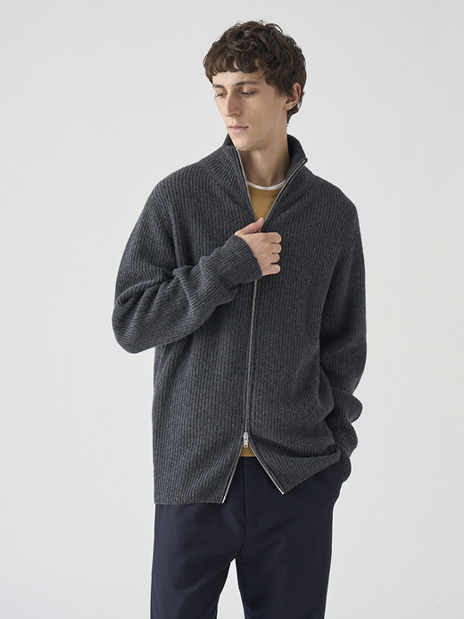 ［Eco Cashmere］カシミヤ混 フルジップスタンドネック長袖ドライバーズニットジャケット | MALLAM | EASY FIT 7G 詳細画像 DARK ASH 4